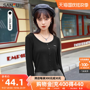 三福长袖T恤秋季2023新款修身圆领洋气减龄黑色短款打底上衣女装