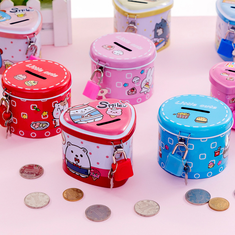 儿童存钱罐带锁零钱罐摆件马口铁硬币筒可爱卡通储蓄罐小奖品礼物