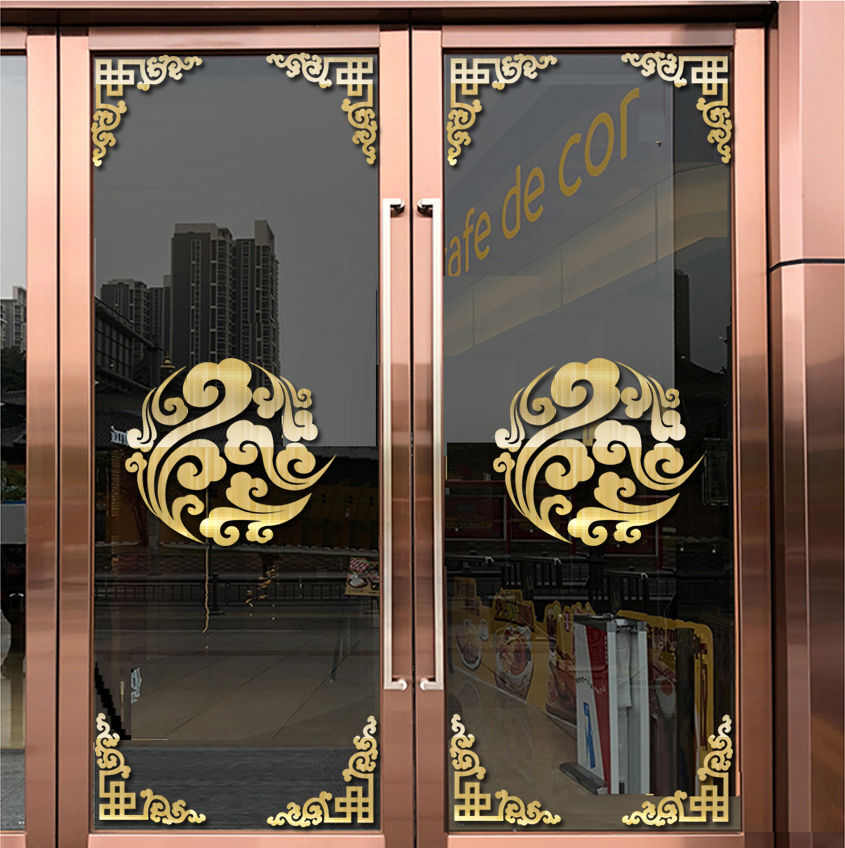 中式对角祥云玻璃门装饰贴纸中国风古典客厅店铺推拉移门橱窗布置