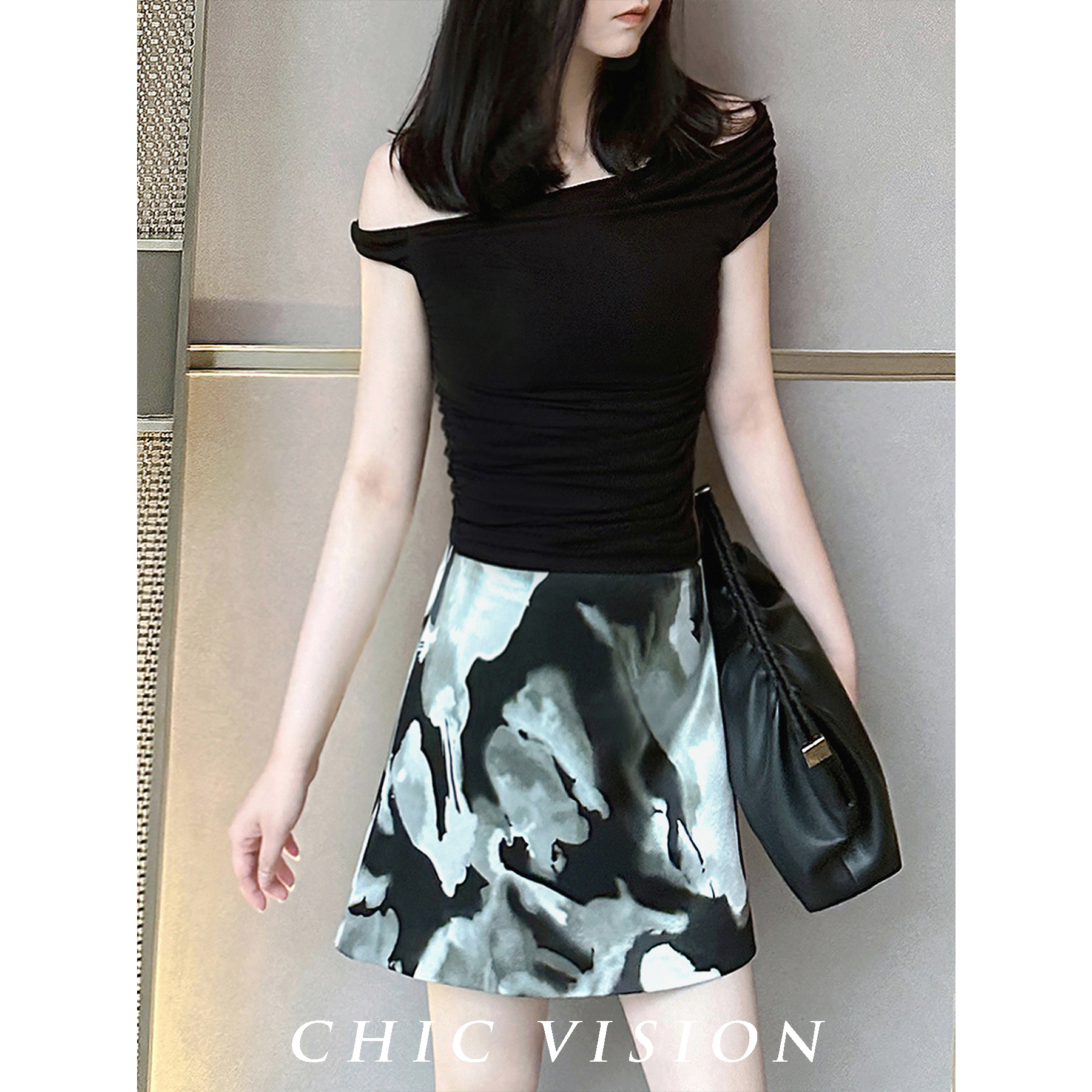 CHIC VISION定制「夏」水墨晕染 时髦印花高腰醋酸A字半身短裙