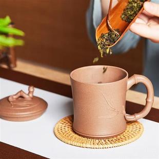 高档茶域 紫砂杯泡茶杯喝茶杯办公室水杯子大容量段泥贴竹叶盖杯