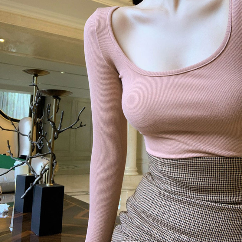 欧货内搭长袖t恤上衣显胸修身锁骨大u领性感紧身方领打底衫女秋冬