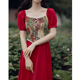奈良红色法式复古连衣裙2024长款夏季宫廷风长裙短袖裙子收腰油画