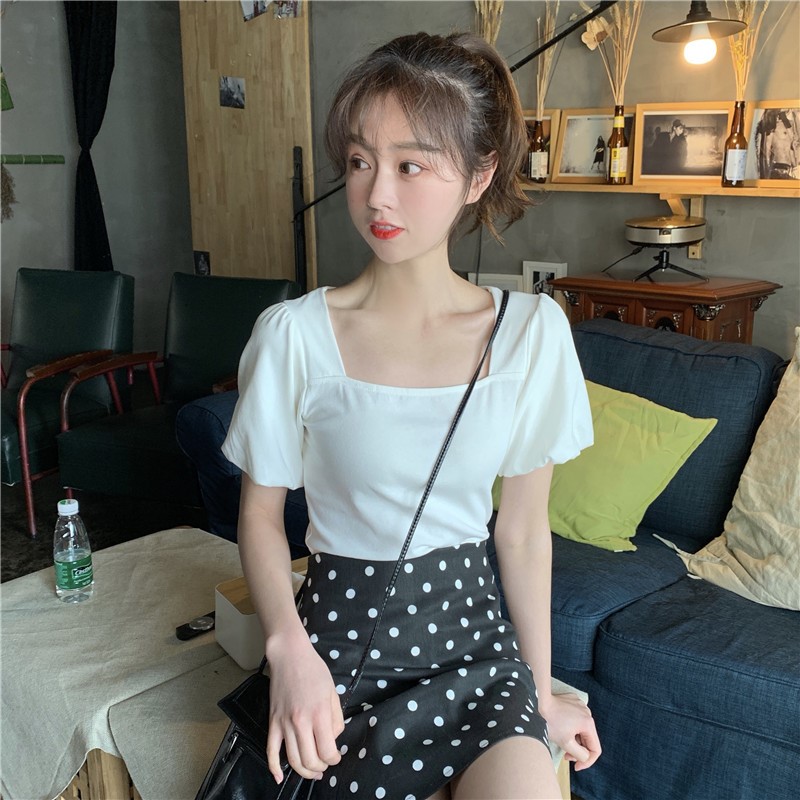 小心机短袖T恤女夏2019新款韩版修身显瘦露锁骨方领泡泡袖上衣。|ruв категории Женская одежда, футболка - от Buy2taobao.com для оказания профессиональной услуги покупки агента Taobao