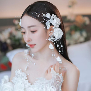 韩式仙美新娘结婚礼服发夹头饰白色花朵串珠流苏边夹婚礼跟妆配饰