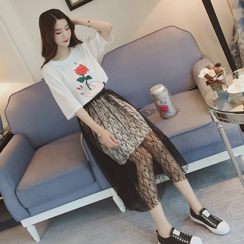 2018 Summer style Mid length version Lace Chiffon short sleeve dress Ladies t-shirts Two piece jacket skirtin the Women's clothing/Boutique , Dress  category - from Buy2taobao.com to provide professional Taobao agent buy service