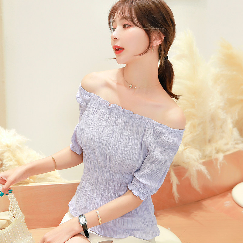 实拍 一字领露肩短袖雪纺衫上衣服2020年夏新款百搭甜美超仙