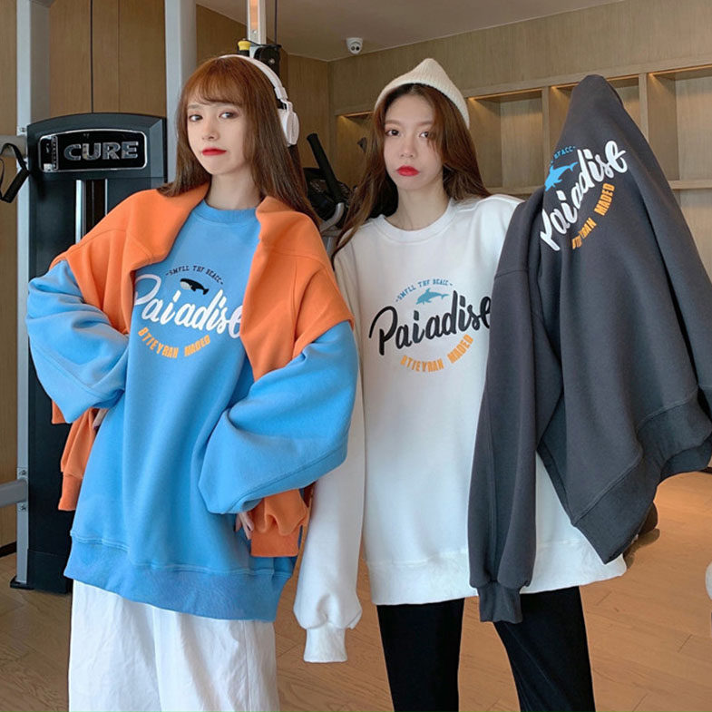 薄款无帽卫衣女春秋学生宽松韩版百搭原宿bf风三人闺蜜装上衣外套