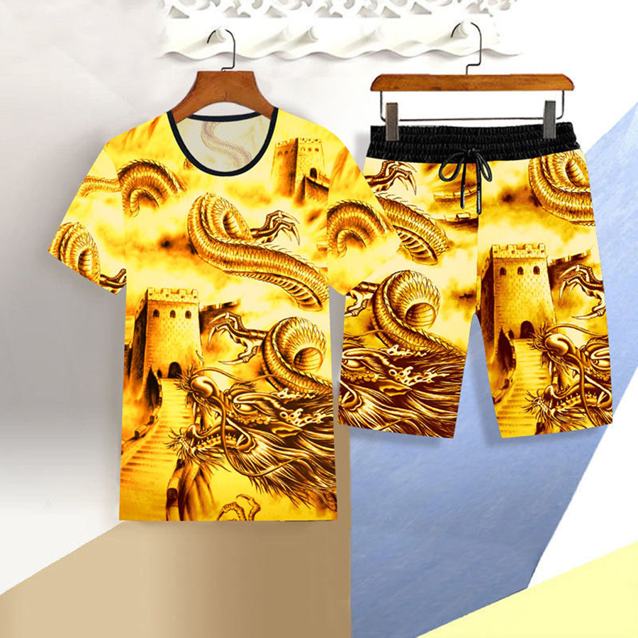 【冰丝凉感】3D印花短袖短裤套装中国风两件套青年男夏季休闲T恤
