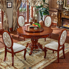 欧式圆桌实木饭桌美式实木雕花圆餐桌椅组合别墅1.2/1.3/1.5米