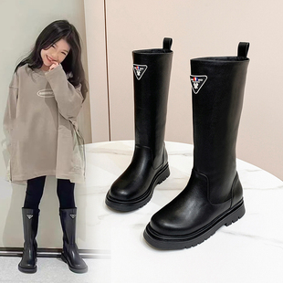 韩版女童西部牛仔高筒靴秋季新款儿童骑士靴大童黑色女孩长筒皮靴