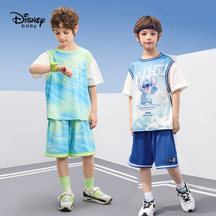 速干凉感 迪士尼男童假两件短袖中裤运动套装夏天儿童网眼篮球服