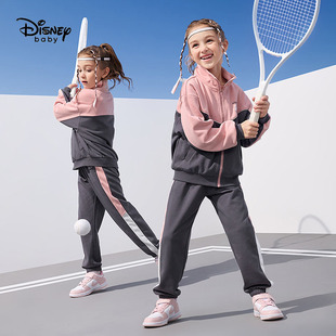 迪士尼女童撞色拼接运动服小学生跑步网球服套装春秋儿童外套裤子