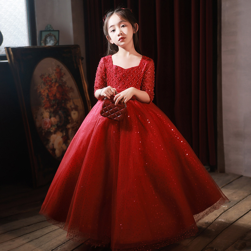 定制红色公主裙女童礼服花童婚礼小女孩主持人儿童高端钢琴演奏演