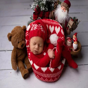 新生儿摄影服装圣诞装婴儿满月拍照帽子连体衣影楼道具宝宝照衣服