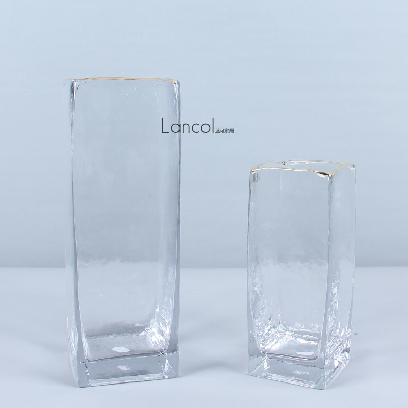 (今日10折)lancol美式现代创意方形金边玻璃花瓶 家居客厅摆件假花水