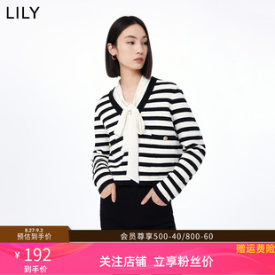 LILY基础黑白条纹间色宽松款针织开衫女2023秋装新款通勤休闲毛衫