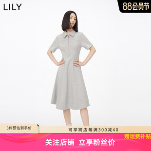 LILY简约Polo领都市轻运动风减龄收腰连衣裙2023夏装灰色裙子