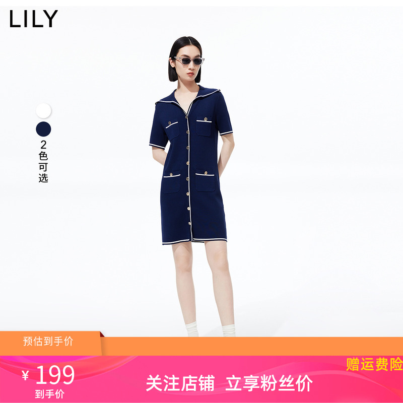 【专柜甄选】LILY2023夏新款女装复古海军领直筒显瘦针织款连衣裙