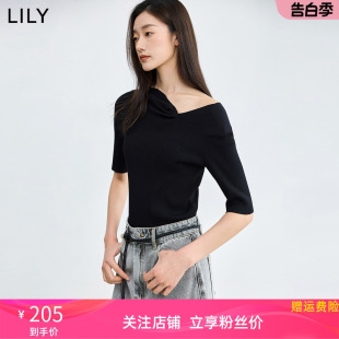 LILY2024夏季新品气质别致设计感露肩黑色短袖修身针织衫女小上衣