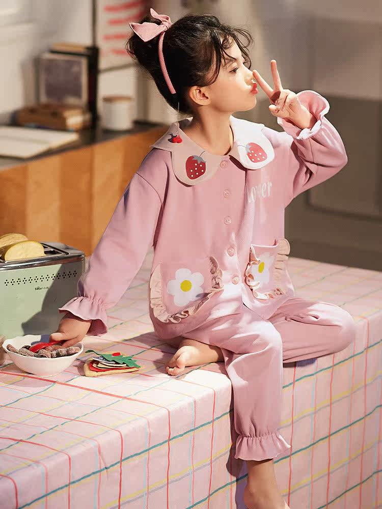 芬腾儿童睡衣女童春秋纯棉长袖薄款夏季宝宝公主中大童女孩13岁家