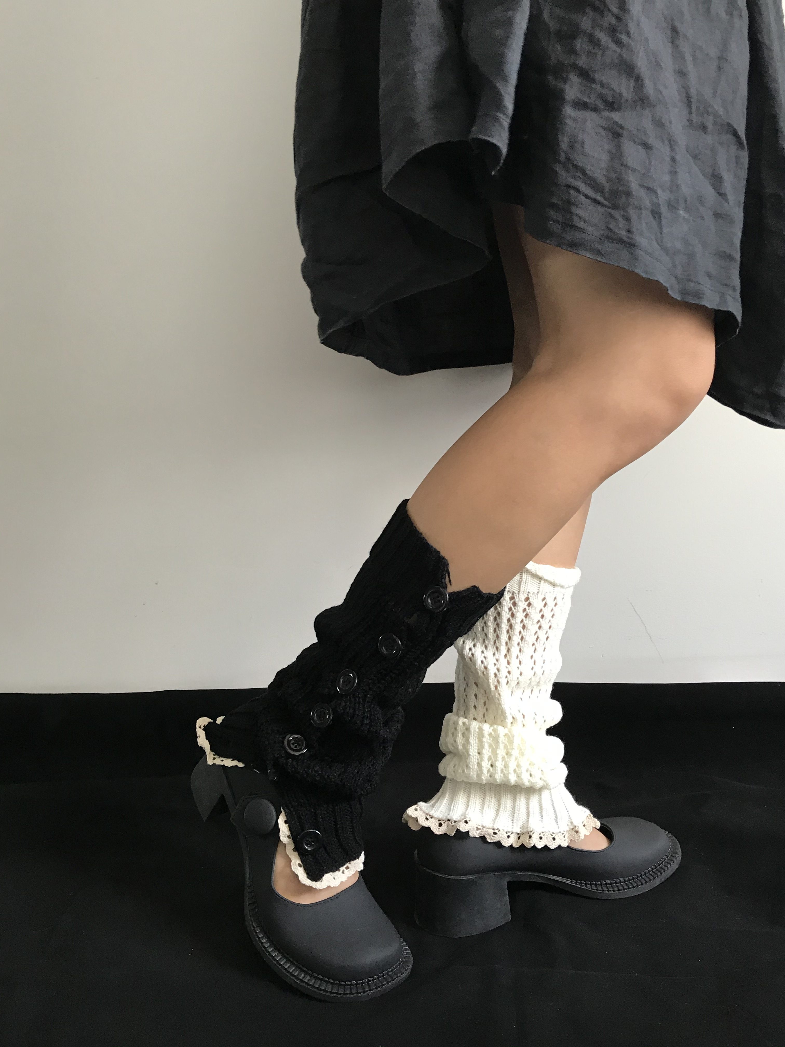 原宿风纽扣蕾丝木耳边袜套靴套日系秋冬保暖护膝加长堆堆袜配jk裙