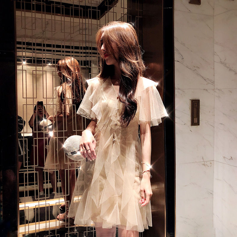 【短袖/长袖】名媛气质套装裙超仙女春新款网纱连衣裙两件套
