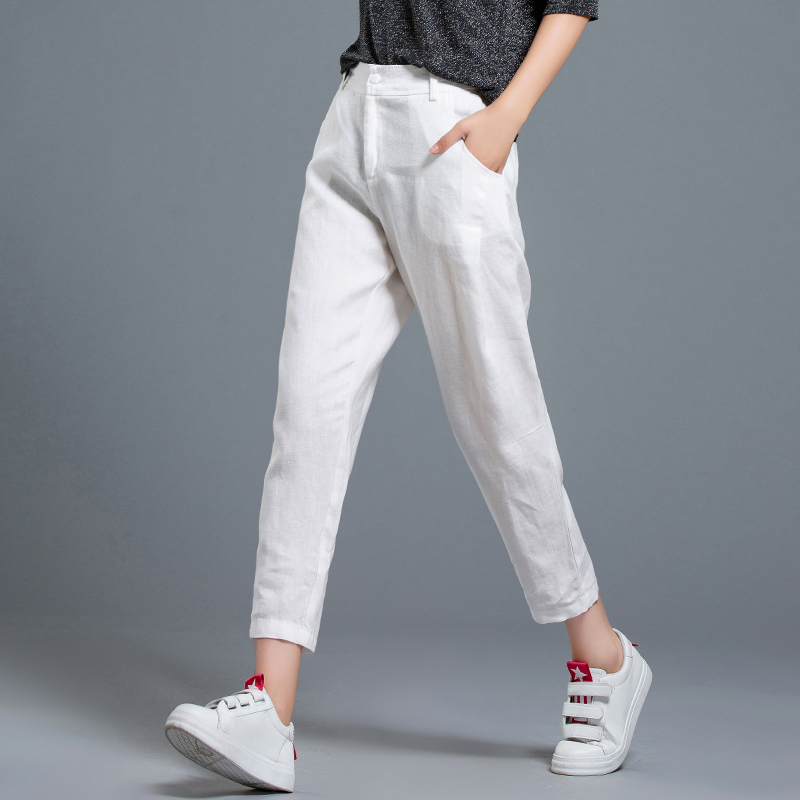 白色裤子女夏季薄款棉麻裤八分裤休闲裤亚麻女裤萝卜哈伦裤七分裤