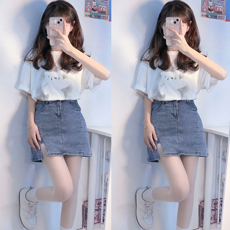 小个子学院风少女穿搭白色t恤牛仔包臀短裙甜辣妹两件套装女夏季