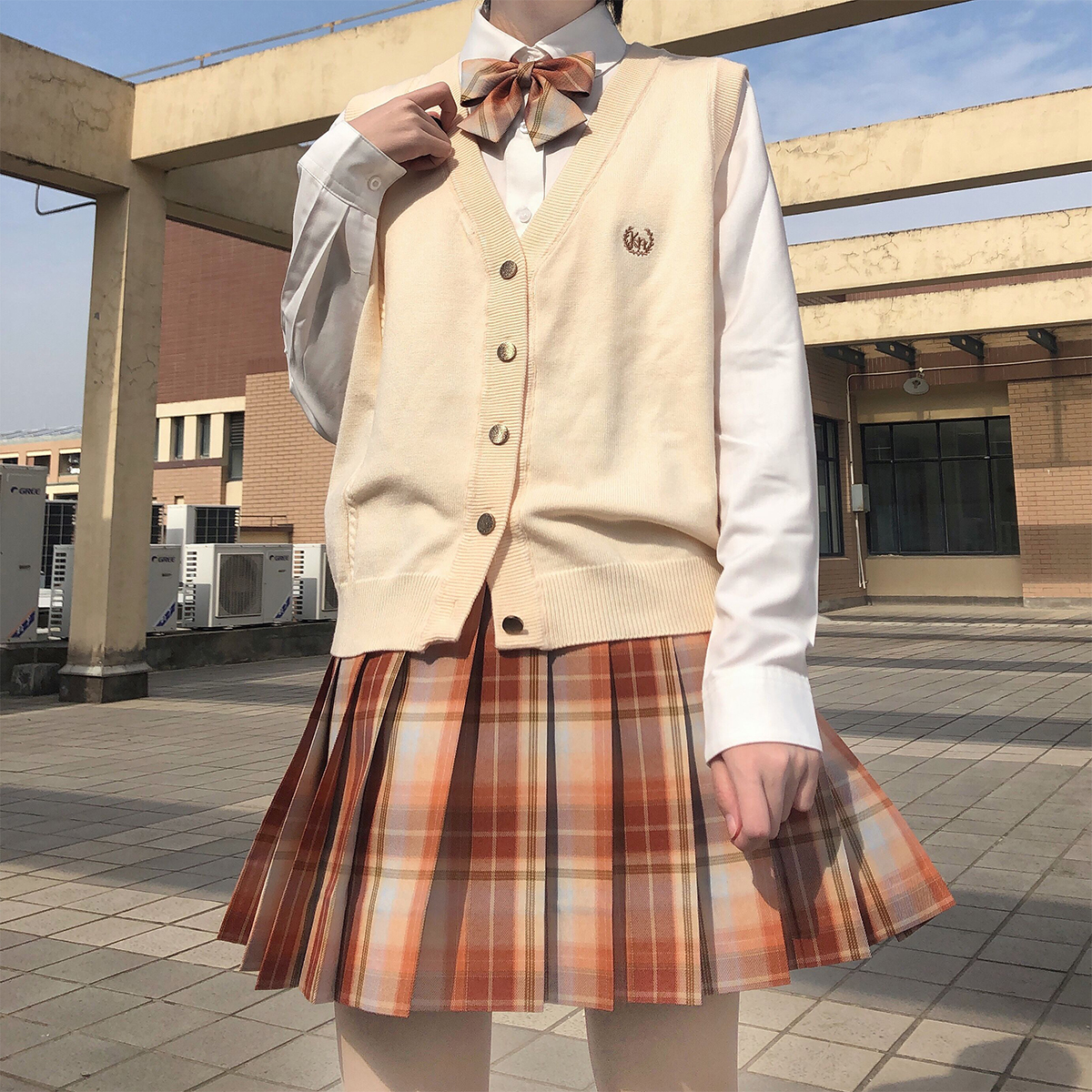 彩虹研究所喜事橙橙JK制服裙格子裙原创可定制日系黄红橙色百褶裙