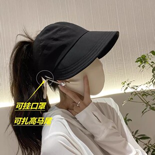 夏季可扎马尾透气空顶帽子女2024薄款骑车可挂口罩防晒遮阳鸭舌帽