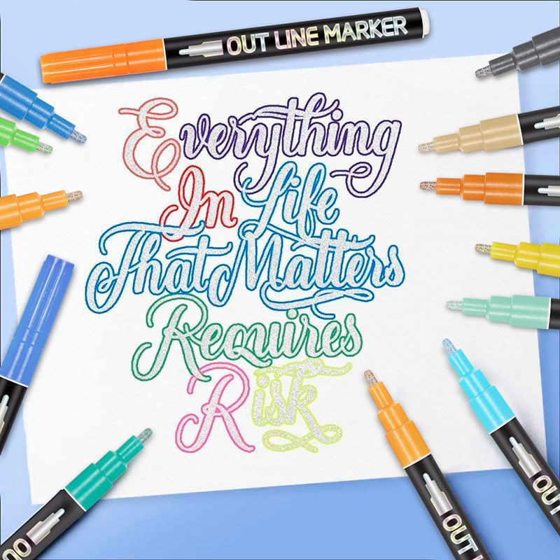 代购创意12色银色荧光双线轮廓笔手账标记美术笔马克笔抖音同款闪