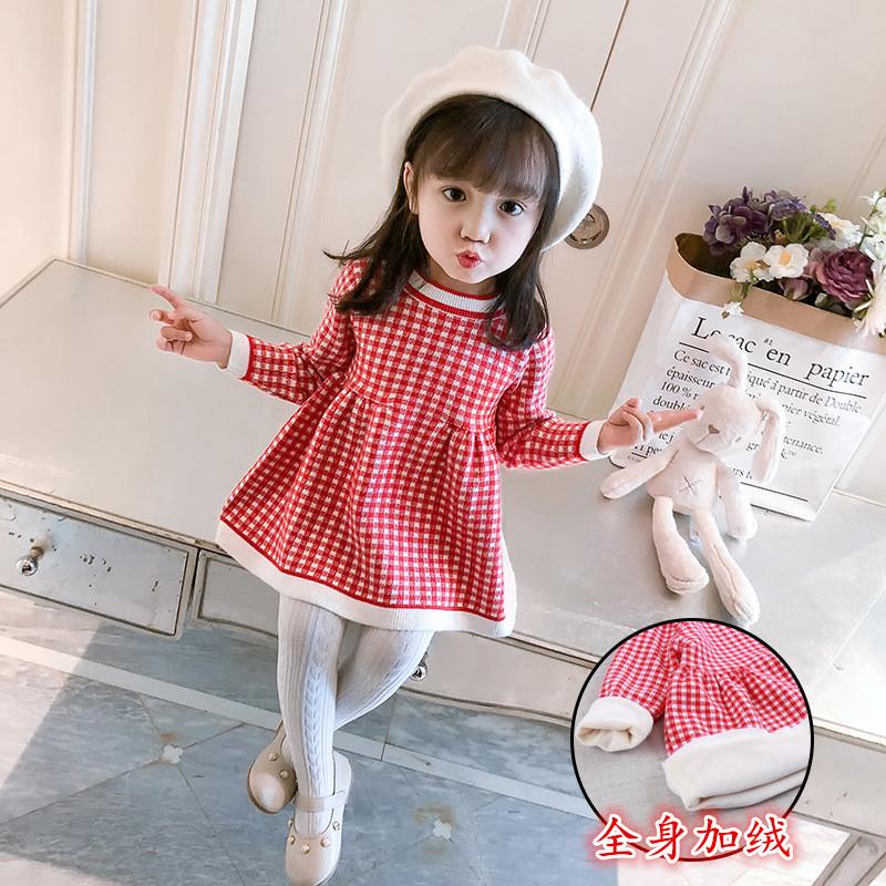 spring and autumn winter girl Sweater dress Female baby Dress Plush thickening knitting Plaid skirt 1-2-3-4 The age of the tidein the Children/Baby/Family fitted , Skirt(New) , Dress category - from Buy2taobao.com to provide professional Taobao agent buy service
