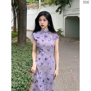 新中式紫色旗袍女年轻款少女夏季日常复古改良短款印花棉麻连衣裙