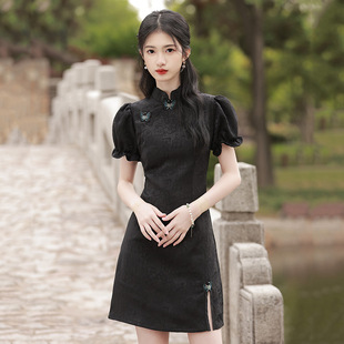 黑色短款改良旗袍女夏新款年轻款少女日常可穿小个子短款连衣裙女