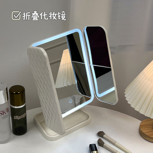 日本进口MUJIE台式led化妆镜带灯收纳盒二合一体式折叠贝壳可镜子