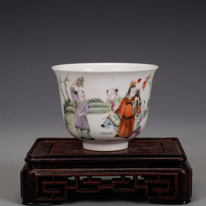 清同治瓷器粉彩人物故事主人杯古董古玩明清老瓷器旧货收藏