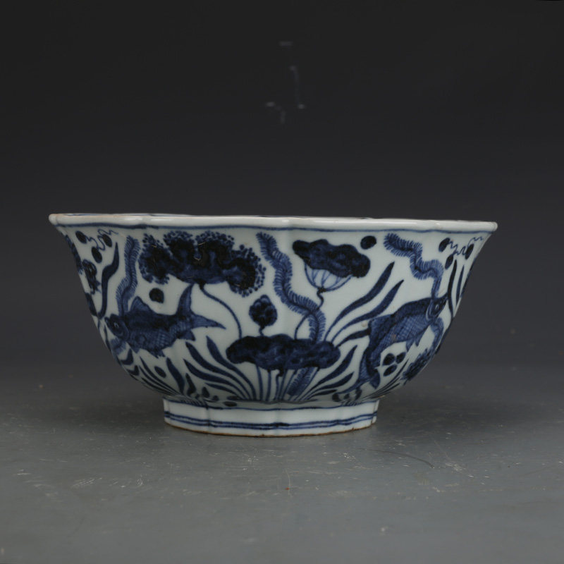 大明宣德青花鱼藻纹碗古董古玩收藏真品复古瓷器老物件瓷器摆件
