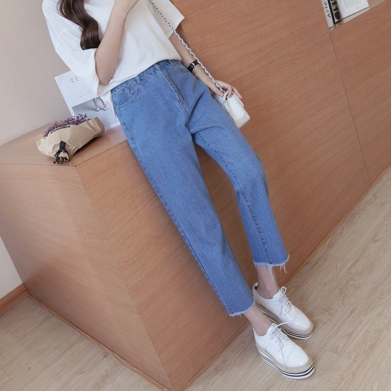 高腰牛仔裤女夏季九分裤韩版学生BF风拼接毛边哈伦裤休闲宽松裤子在类目 女装/女士精品, 牛仔裤中 - 来自Buy2taobao.com提供专业的淘宝代购服务