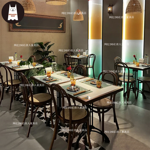 工业风实木岩板大理石桌椅组合复古美式咖啡厅甜品店酒吧餐厅餐桌