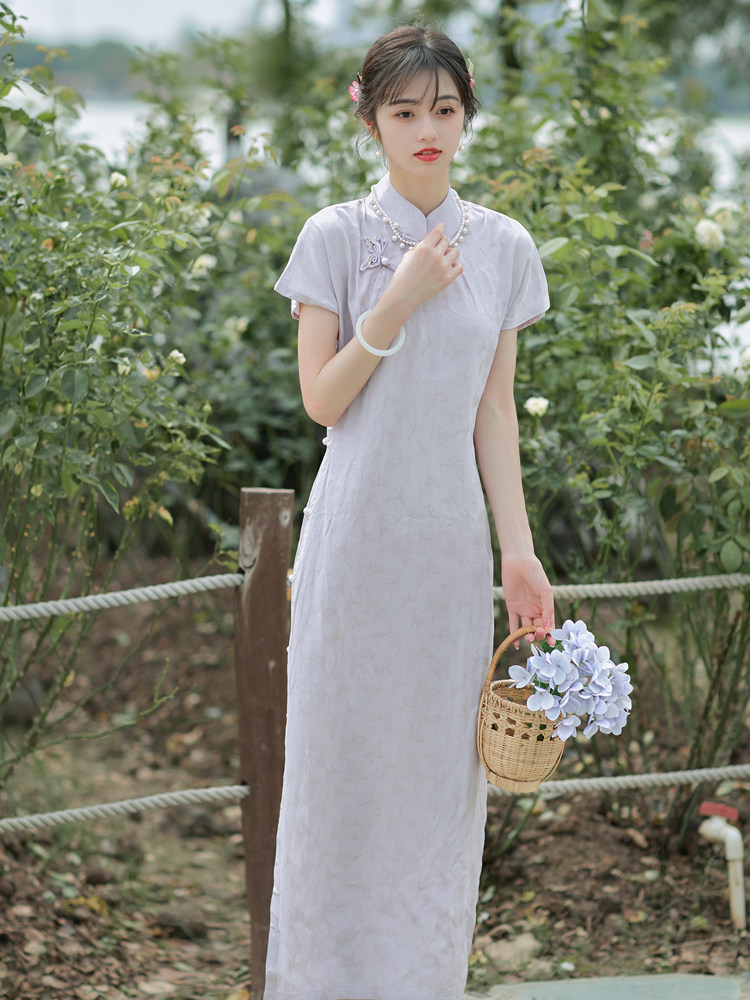 风款中式平裁少女式旗袍一片民国开襟复古年轻斜襟1930紫色古法全