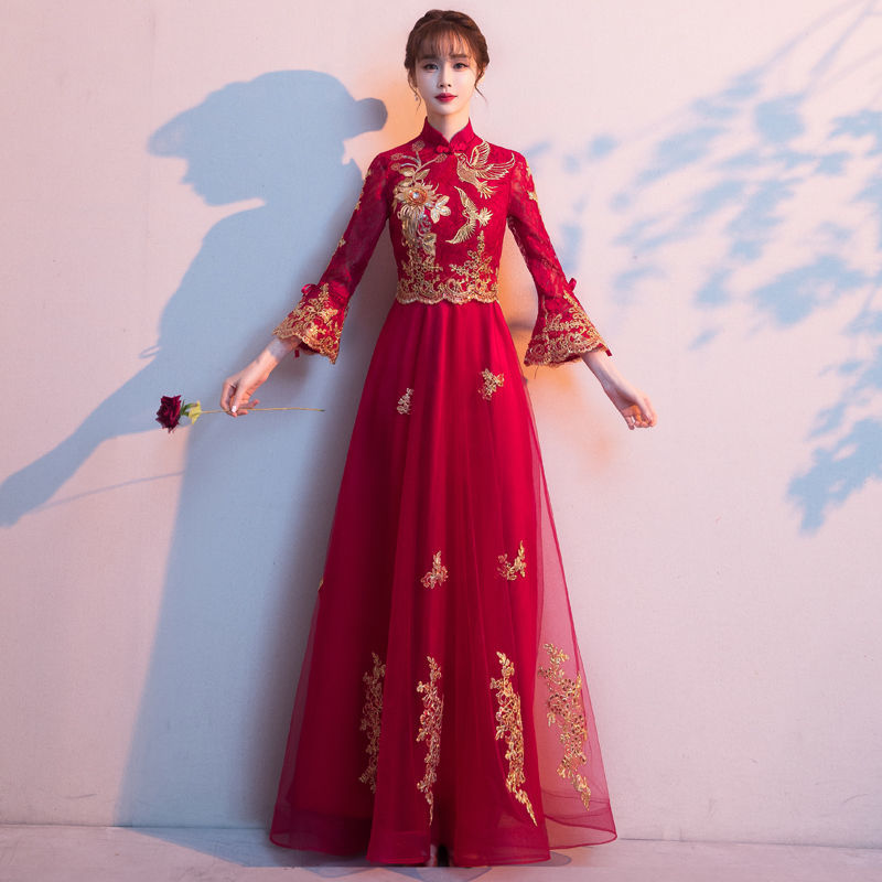 敬酒服新娘2021新款春夏季长袖红色婚礼礼服晚装敬酒服晚袖礼服