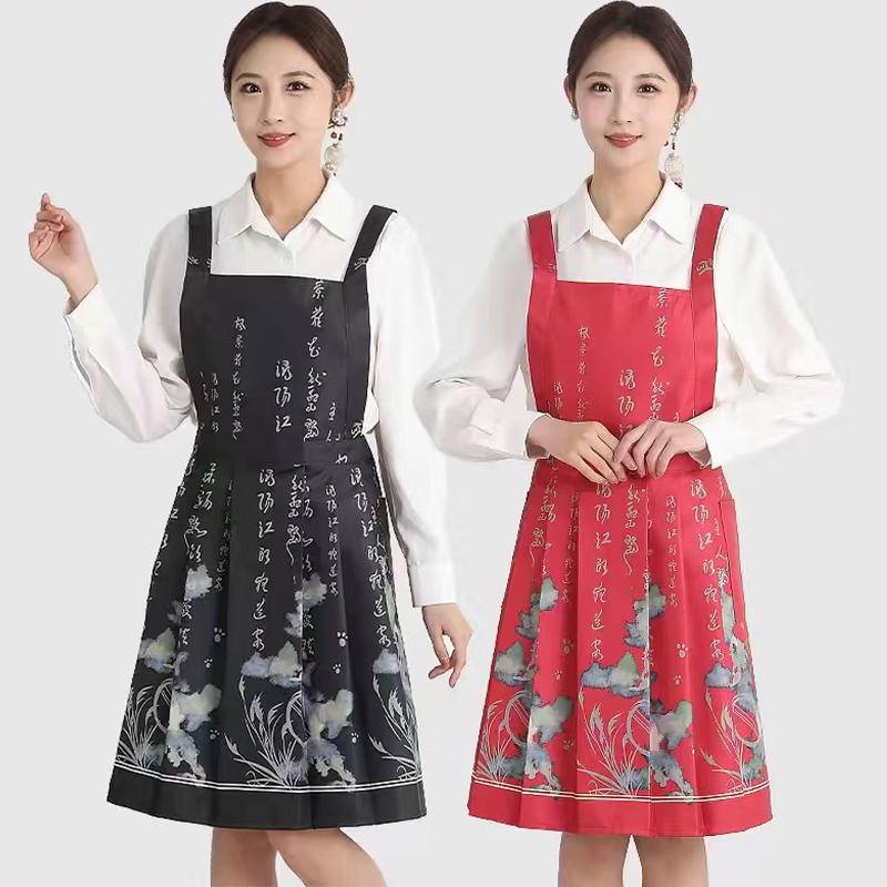 新款国风中式复古围裙家用厨房做饭餐饮饭店服务女时尚漂亮工作服