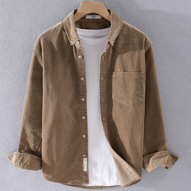 灯芯绒春装长袖衬衫男士日系男装外套宽松休闲纯色上衣服外穿衬衣_珂