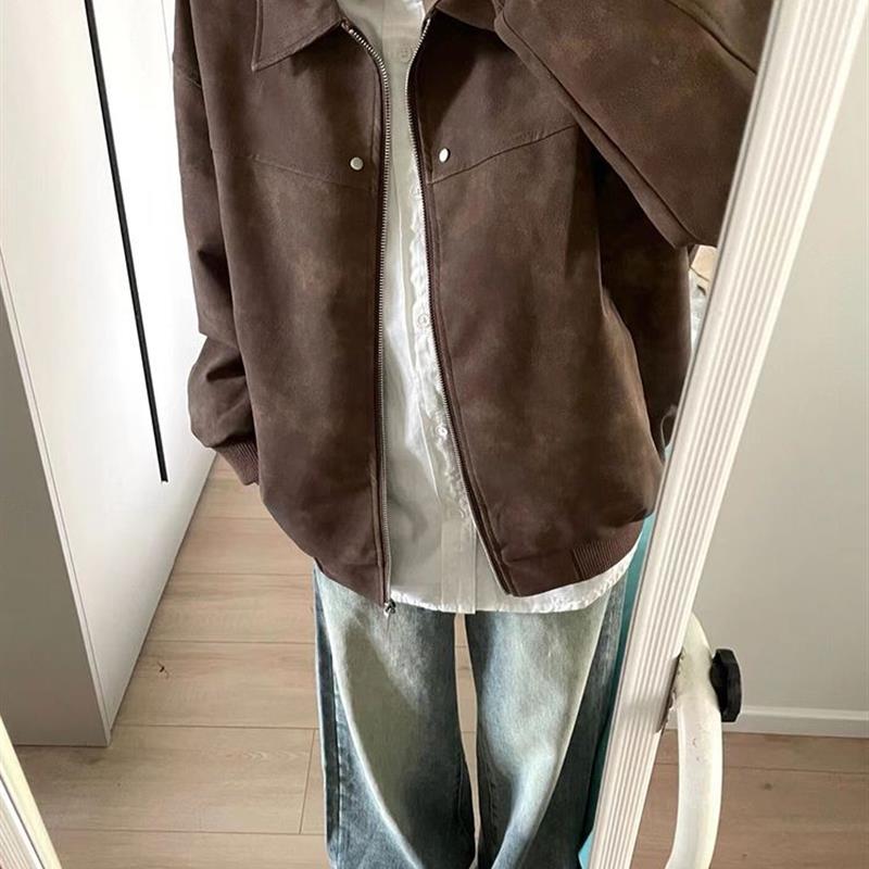 三点水秋冬款美式复古做旧棕色皮衣外套国潮高级感cleanfit夹克