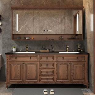 美式红橡木岩板浴室柜组合卫生间洗漱台实木落地式智能双盆洗手盆