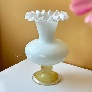 白色高脚琉璃风灯花朵花瓶中古复古法式插花摆件居家客厅装饰花器