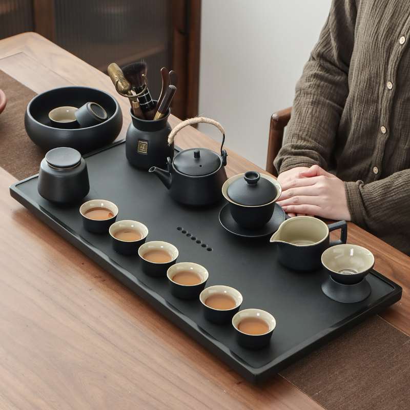 聚晟陶瓷茶具套装家用功夫茶具套装乌金石实木茶盘现代简约办公室