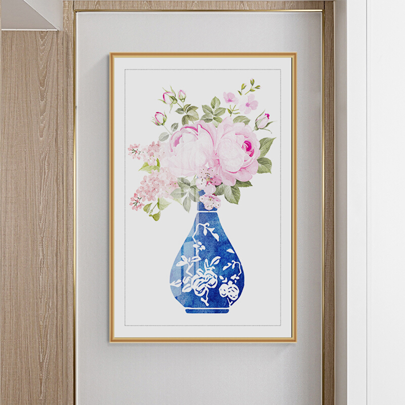 新中式玄关装饰画酒店过道墙面壁画餐厅挂画青花瓷花瓶国画客厅画