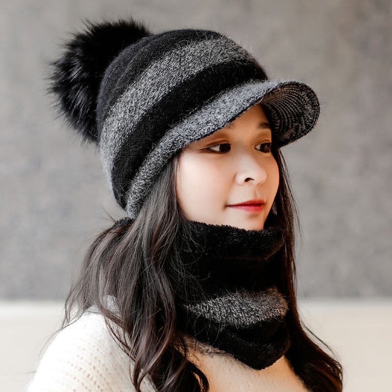 帽子女秋冬百搭带帽檐冬天保暖毛线帽加绒围脖一体防寒兔毛鸭舌帽